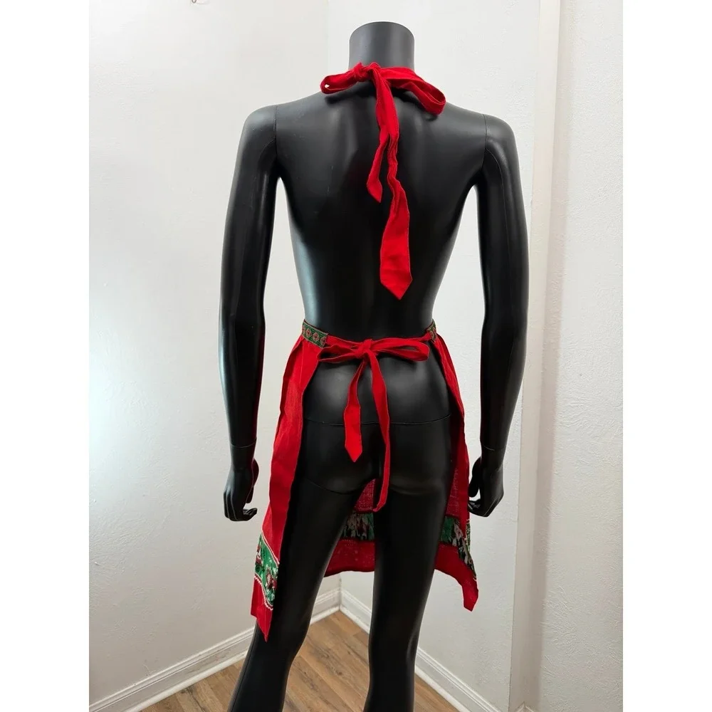 Christmas Apron Red Green Folk Art Horse Carriage Holiday Kitchen Vintage Style